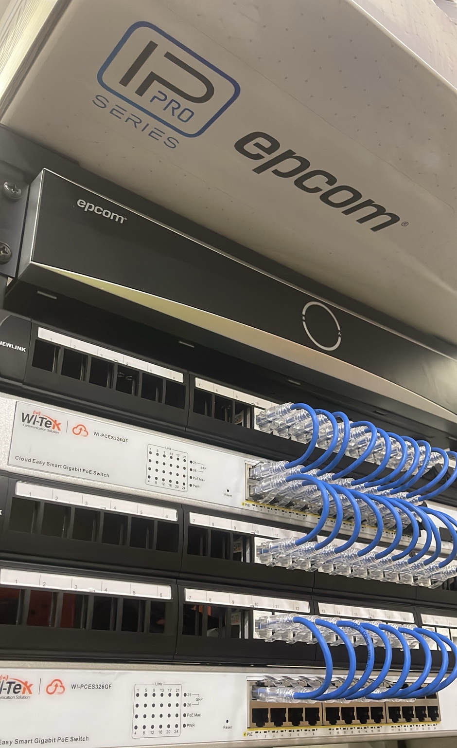Gabinete con patch panels, switches PoE y patch cords azules