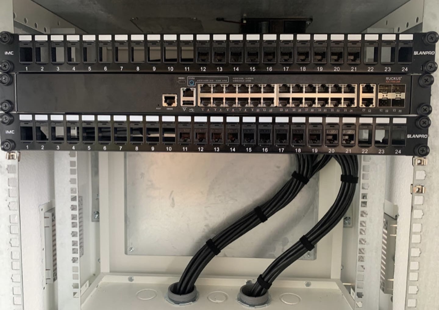 Switch RUCKUS y patch panels con cableado organizado en gabinete